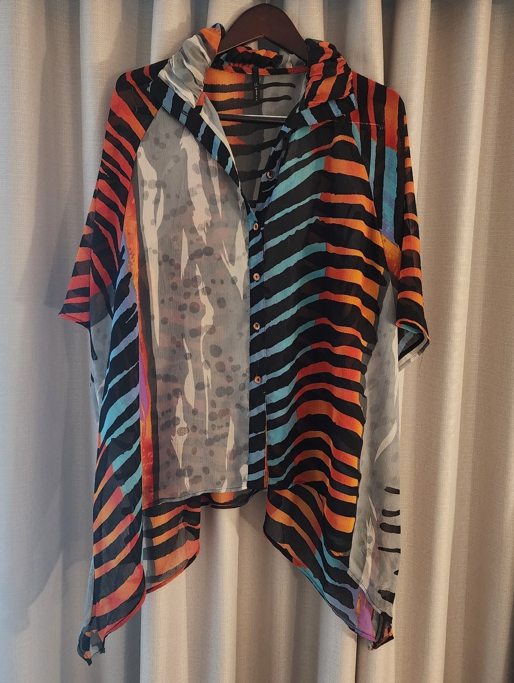 Sheer Button-Front Tunic Top in Blue & Orange Stripe - Picture 3 of 8